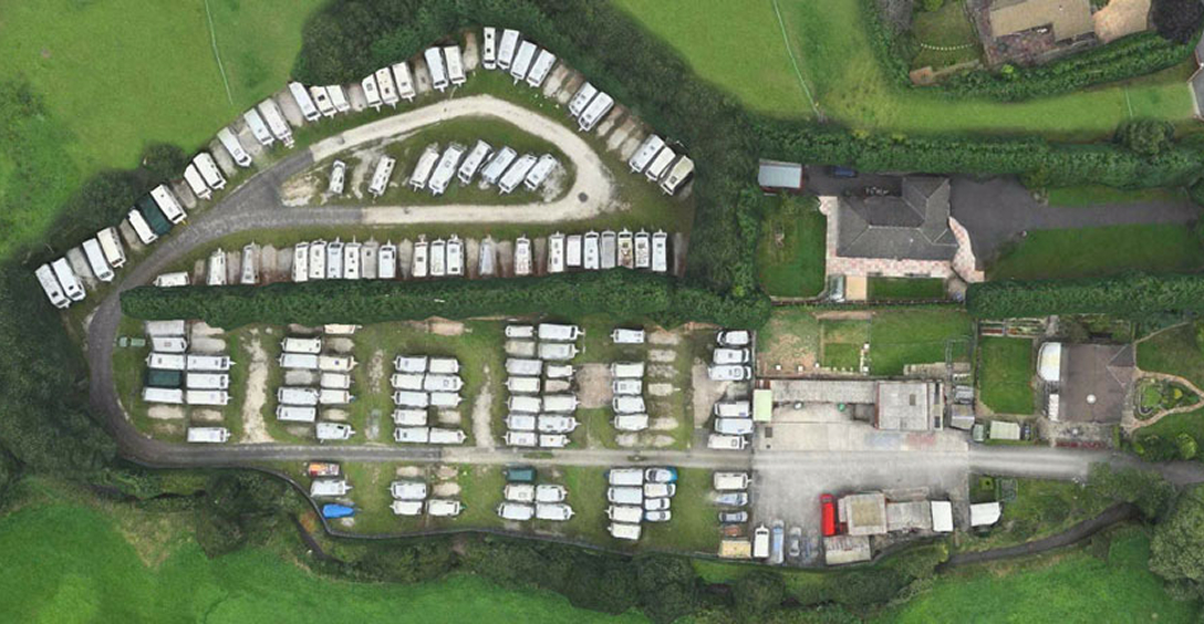 Aerial view of Akroyd's Caravan Storage site at Brooklands Farm, Offerton, Stockport