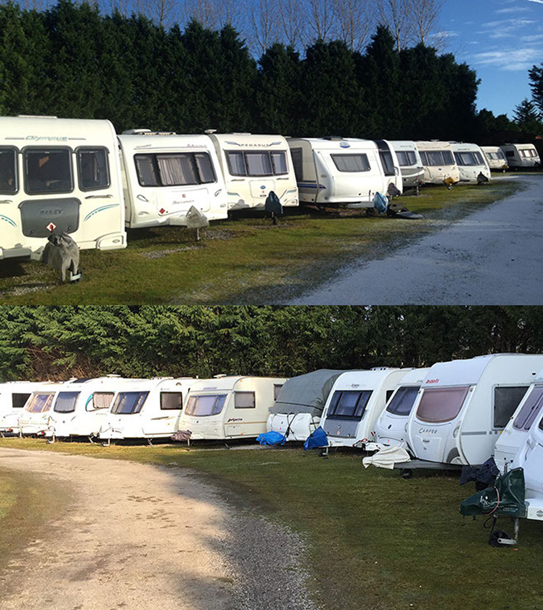 Rows of caravans safely stored at Akroyd's Caravan Storage, Stockport